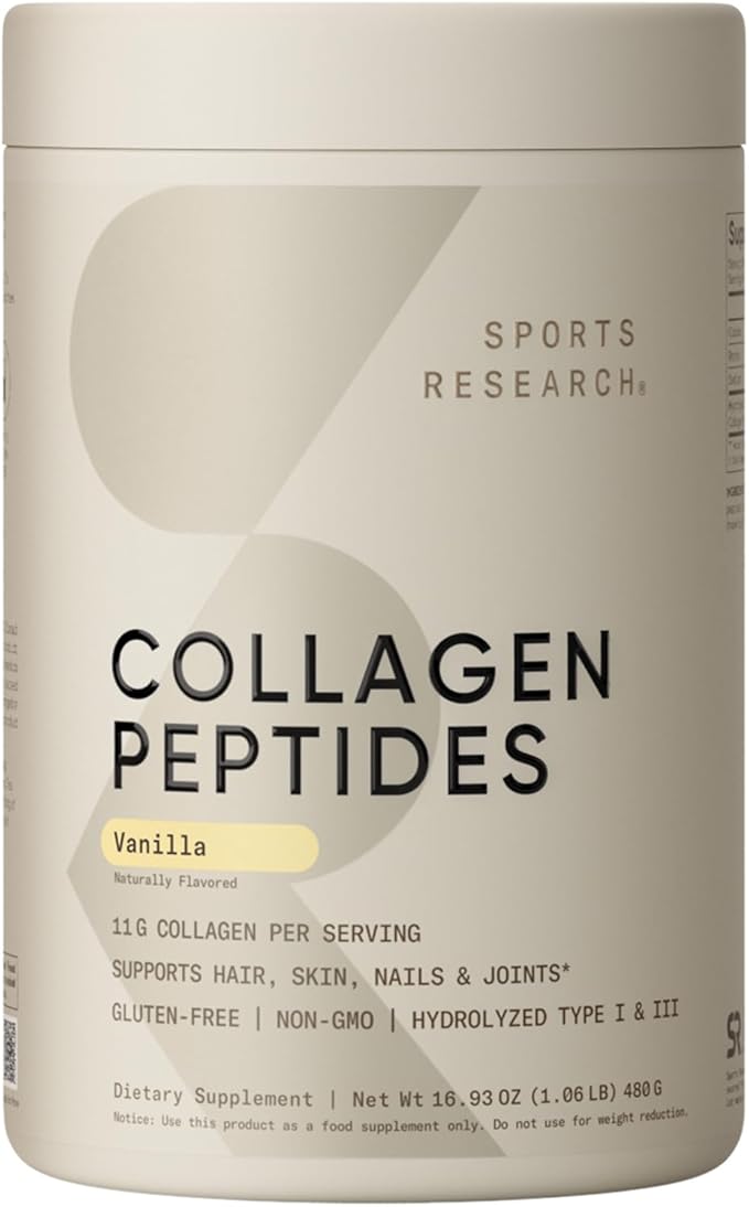 Sports Research Collagen Peptides - Hydrolyzed Type 1 & 3 Collagen Powder Protein Supplement for Healthy Skin, Nails, & Joints - Easy Mixing Vital Nutrients & Proteins, Collagen for Women & Men