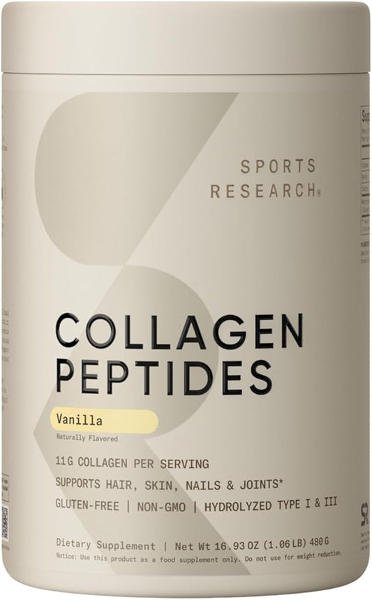 Sports Research Collagen Peptides - Hydrolyzed Type 1 & 3 Collagen Powder Protein Supplement for Healthy Skin, Nails, & Joints - Easy Mixing Vital Nutrients & Proteins, Collagen for Women & Men