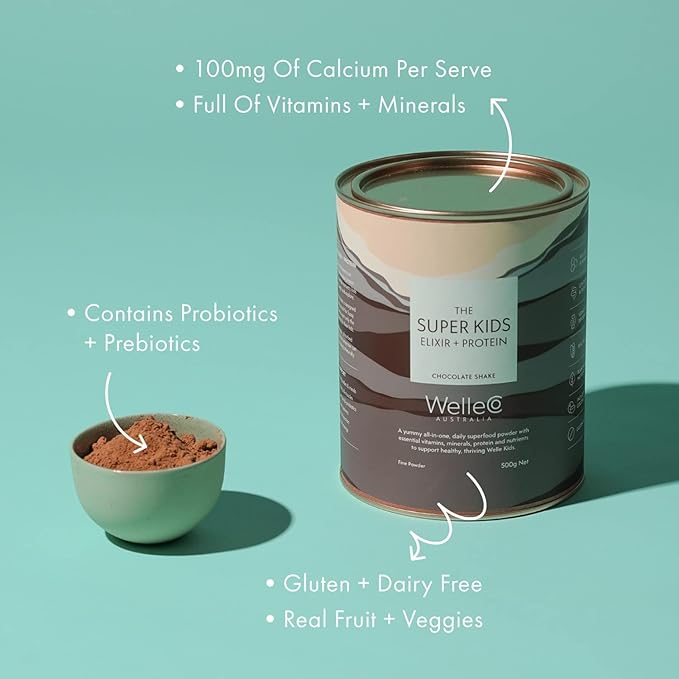 WelleCo The Super Kids Elixir Vegan Protein Powder Chocolate Shake with Prebiotics and Probiotics, Real Fruits & Veggies, Supports Cognitive Function, Immunity & Energy, for Kids Ages 4+, 17.6 oz Tin