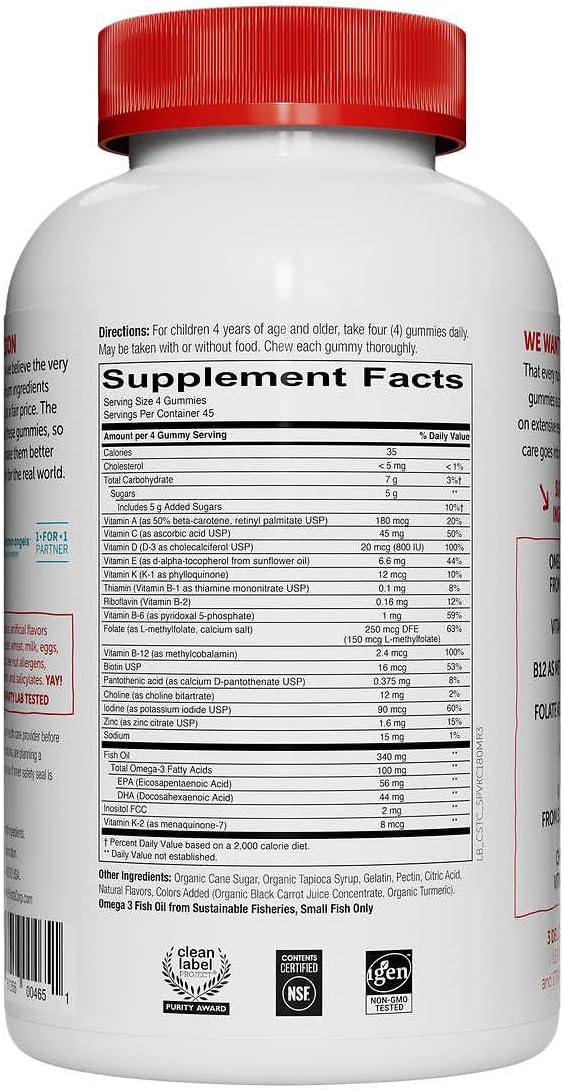 SmartyPant Kids Complete Multivitamin 180 Gummies Bundle, Multivitamin Plus Omega 3, Vitamin D3 and Vitamin B12, 45 Days Supply