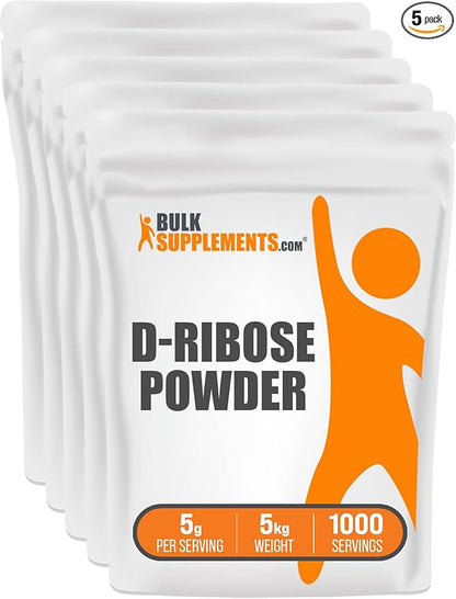 BulkSupplements.com D-Ribose Powder - D-Ribose Supplement, Ribose 5000mg, for Energy Support - Unflavored & Gluten Free, 5000mg per Serving, 5kg (11 lbs) (Pack of 5)