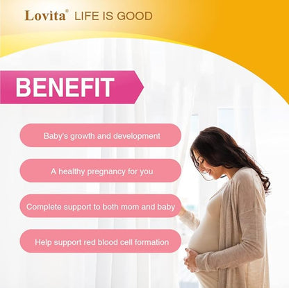 Lovita Prenatal Vitamins with Iron 27 mg, Folic Acid 800mcg & Calcium, Vegan Prenatal Vitamins for Women During and Post Preganacy, Non GMO, 180 Vegetarian Prenatal Pills (Pack of 3)