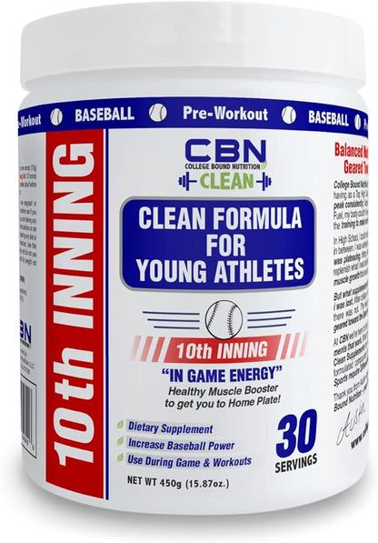 Youth Baseball & Softball in-Game Energy 10th Inning | Vitamins, Electrolytes, Amino Acids for Explosiveness, Stim-Free (30 Servings)