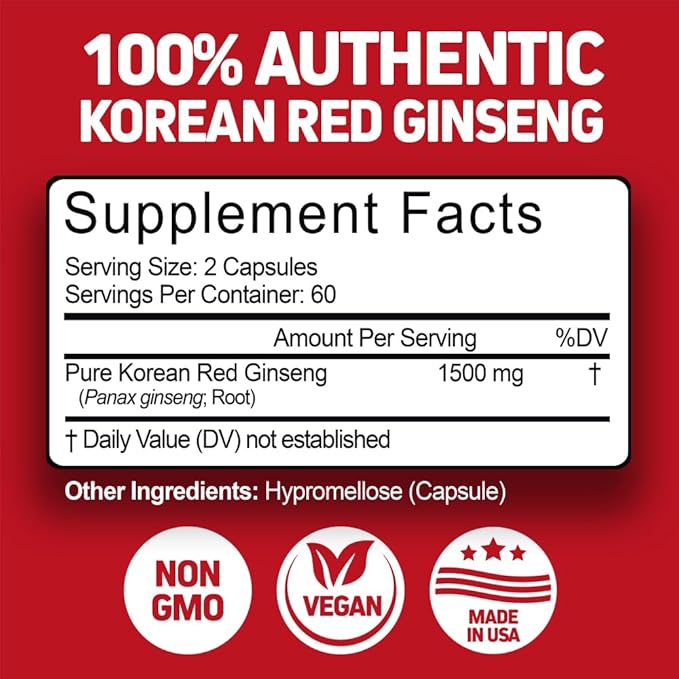 Herbtonics Korean Red Panax Ginseng 1500mg - High Potency Ginseng for Energy, Performance & Immune Support for Men & Women - Ginseng Root Extract Powder Supplement for Focus and Vitality -240 Capsules