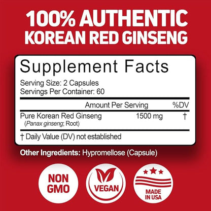Herbtonics Korean Red Panax Ginseng 1500mg - High Potency Ginseng for Energy, Performance & Immune Support for Men & Women - Ginseng Root Extract Powder Supplement for Focus and Vitality -240 Capsules