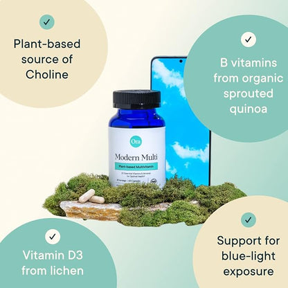 Ora Organic Plant Based Multivitamin for Women and Men, Bluelight Protection - Brain, Eye, Energy, Immune, Skin, Hair, Heart, and Bone Health Support, 60 Vegan Capsules