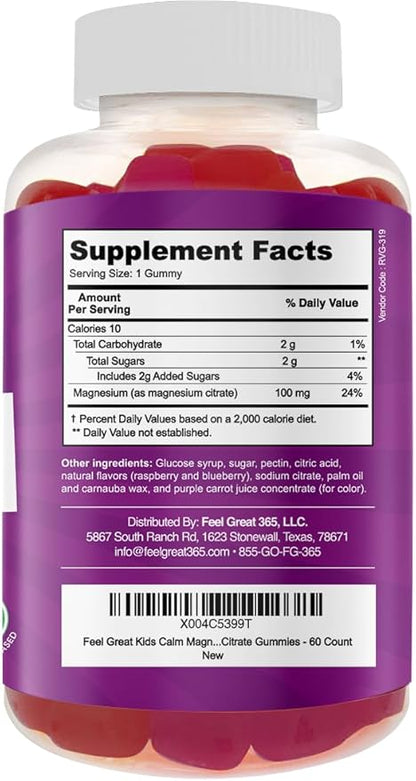 Feel Great Kids Calm Magnesium Gummies - Magnesium Supplement for Children - Magnesium Citrate Gummies - 60 Count