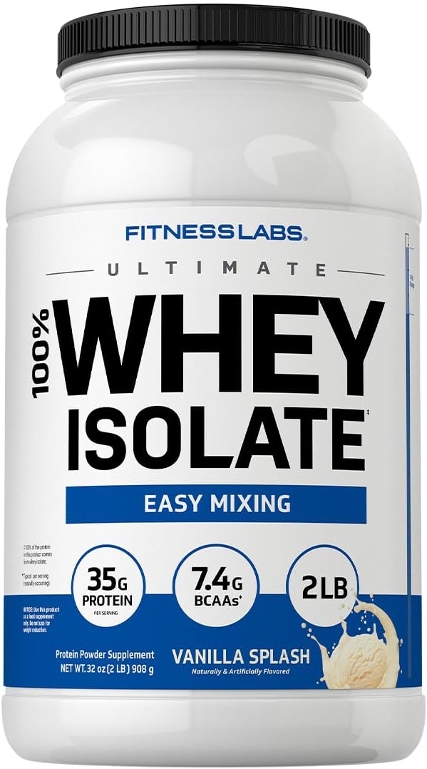 Fitness Labs Whey Protein Isolate Powder | 2lb | 35g Protein | Vanilla Flavor | with BCAAs | Non-GMO, Gluten Free Supplement