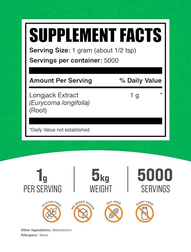 BulkSupplements.com Longjack Extract Powder - Tongkat Ali Extract, Longjack Tongkat Ali Powder - Tongkat Ali for Men & Women, Gluten Free - 1000mg per Serving, 5kg (11 lbs) (Pack of 5)