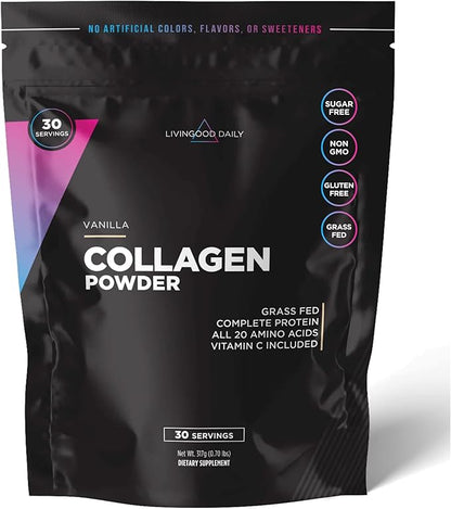 Livingood Daily Collagen Powder for Women & Men (Vanilla) - Grass-Fed Hydrolyzed Collagen Peptide - Complete Protein & Amino Acids for Healthy Hair, Skin & Nails - Keto, Gluten Free - 30 Servings
