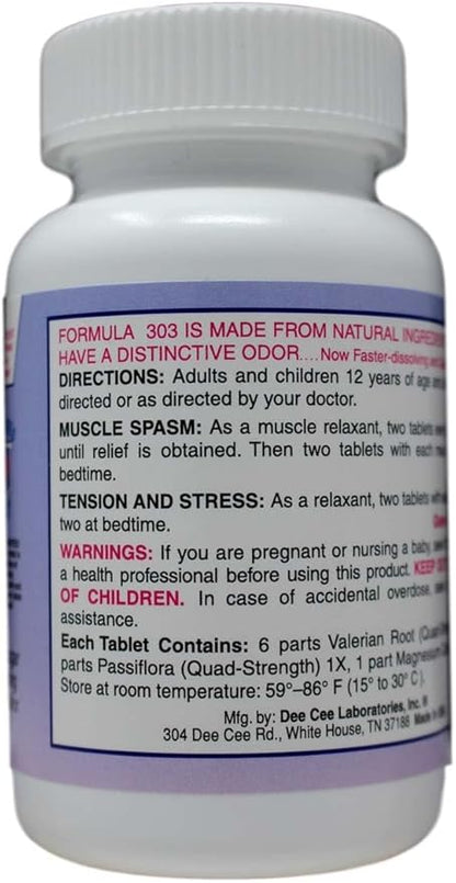Dee CEE Labs Formula 303 Maximum Strength Tablets, 45 Tablets; All-Natural containing Magnesium for Sore Muscles, Passion Flower, and Valerian Root