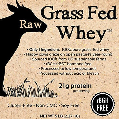 Raw Grass Fed Whey Protein Powder, Happy Healthy Cows, Undenatured, GMO-Free, Hormone Free, Gluten Free, Unflavored, Unsweetened, 5LB