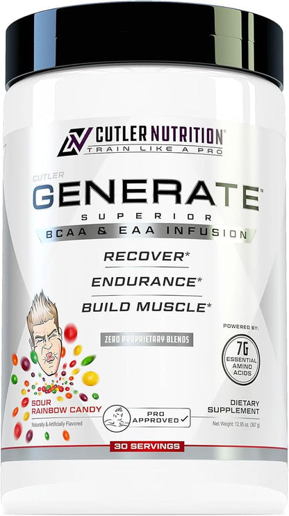 Cutler Nutrition Generate EAA and BCAA Powder: Best Branched Chain Amino Acids Supplement with Essential Amino Acids, 5g BCAAs, 2g EAAs for Lean Muscle Mass | Sour Rainbow Candy, 30 Servings