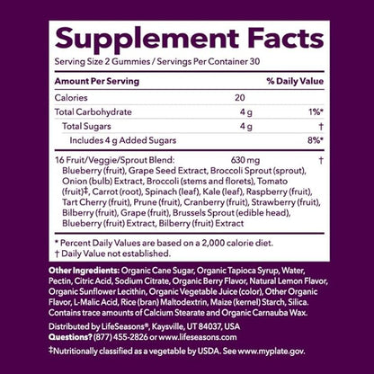 LifeSeasons Fruit & Veggie Gummy Supplement - 16 Fruits Vegetables & Sprouts - Vitamins Minerals & Antioxidants - Nutritional Support for Immunity & Wellness - 3X More Potent - 60 Gummies