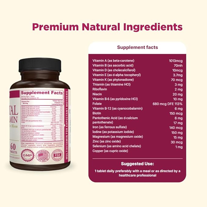 Prenatal Multivitamin - Helps Promote Pregnancy Health - Supports Immune System & Fetal Development - Essential Nutrients for Mom & Baby - Safe Formula - Dietary Supplement - 60 Tablets