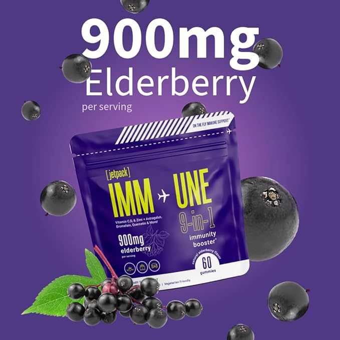 Travel Essential, Immune and Stress Support Gummy, Elderberry, Vitamin C, D, Zinc, Echinacea, Astragalus, Quercetin, Bromelain, Travel Immunity, Flight Essentials, 60ct
