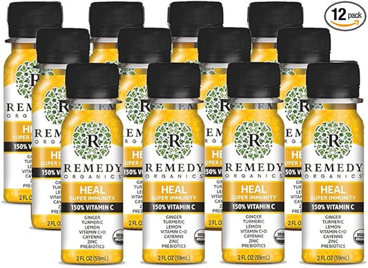 Remedy Organics Immunity Plus Shot, Heal 12-Pack | Boost Energy, Brain Function, Detoxification, and Metabolism | Certified-Organic Ingredients