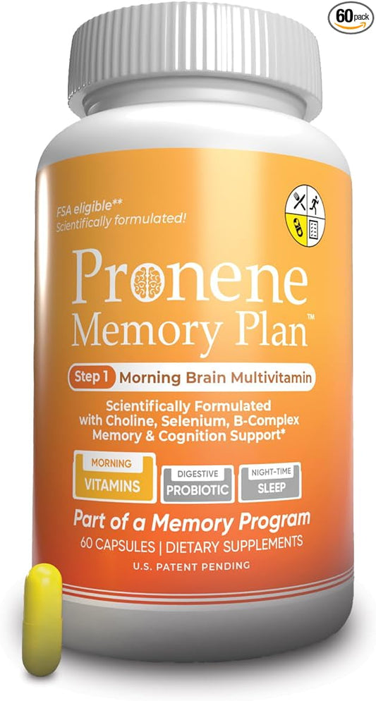 PRONENE Memory Plan (60 ct) Morning Brain Multivitamin | Nootropic Supplement w/Choline, Selenium, Folic Acid, D, & B Vitamins | Optimized nutrients Support Brain, Immunity & Memory.
