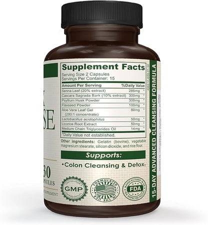 Detox Cleanse - Colon Detox - Supports Healthy Bowel Movement & Detox - Gut & Colon Detox Cleanse - Natural Laxative for Constipation - Reduce Bloating - Dietary Supplement - 30 Capsules