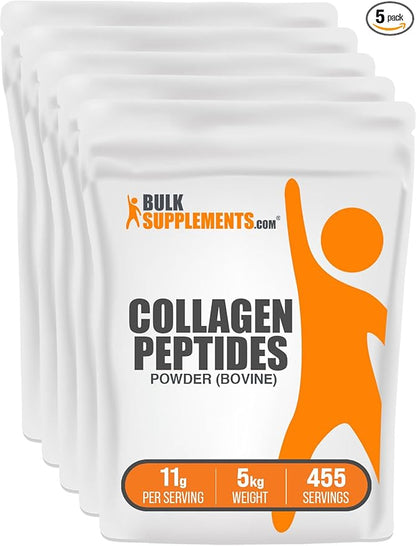 BulkSupplements.com Collagen Peptides Powder - Collagen Supplement, Bovine Collagen Powder - Powdered Collagen, Hydrolyzed & Gluten Free, 11g per Serving, 5kg (11 lbs) (Pack of 5)