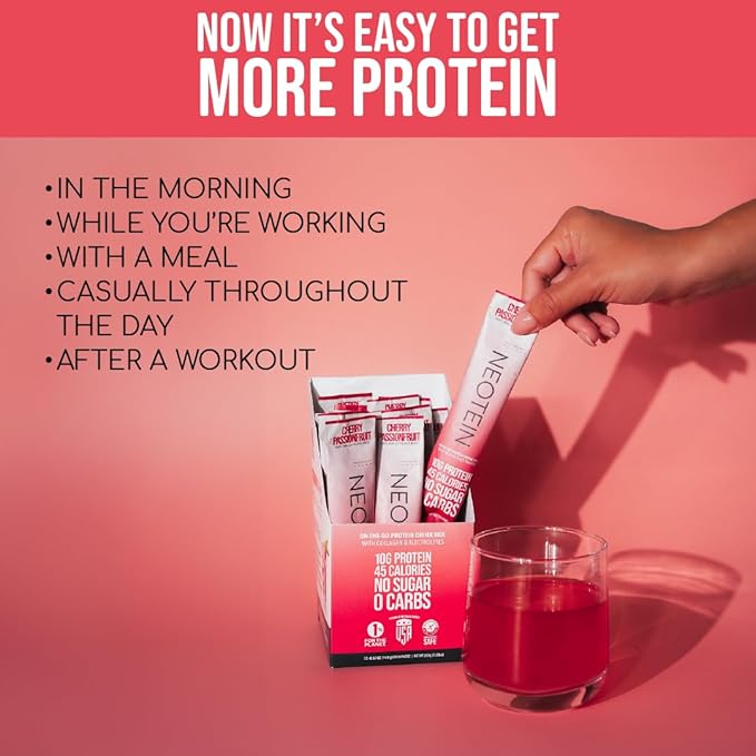 Electrolyte Powder Packets with 10g Protein & Collagen | Hydration Packets - Zero Sugar, NO Fillers, NO Carbs | Cherry Passionfruit | 45 Calories | Keto & Paleo | Pack of 15