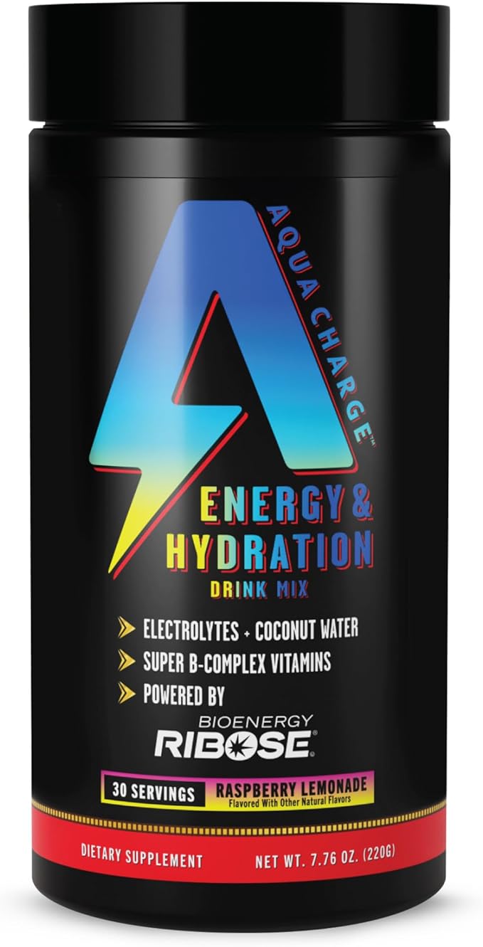 Grab The Gold Aqua Charge Energy & Hydration Drink Mix with Electrolytes (1 Bottle = 30 Servings) Raspberry Lemonade Flavor, Pre/Post Workout Recovery, Sugar-Free, Gluten-Free
