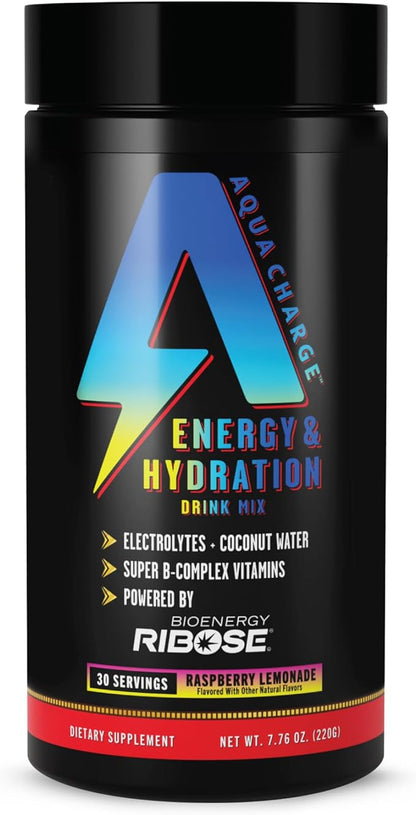 Grab The Gold Aqua Charge Energy & Hydration Drink Mix with Electrolytes (1 Bottle = 30 Servings) Raspberry Lemonade Flavor, Pre/Post Workout Recovery, Sugar-Free, Gluten-Free