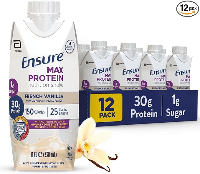 Ensure Max Protein Shake | French Vanilla | Meal Supplement Shake | Ready to Drink | 30g Protein for Muscle Building | 1g Sugar, 4g Fiber | 11 fl oz - 12 Pack