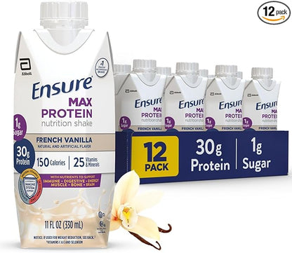 Ensure Max Protein Shake | French Vanilla | Meal Supplement Shake | Ready to Drink | 30g Protein for Muscle Building | 1g Sugar, 4g Fiber | 11 fl oz - 12 Pack