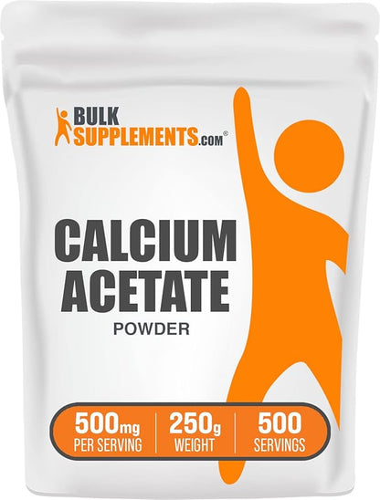 BulkSupplements.com Calcium Acetate Powder - Calcium Supplement, Calcium Acetate Supplement - Food Grade & Gluten Free, 500mg (125mg Calcium) per Serving, 250g (8.8 oz) (Pack of 1)