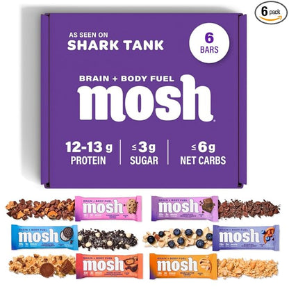 MOSH Variety Pack Keto Protein Bars, High Fiber, Low Carb, Gluten Free, High Protein, Brain Healthy Snack with Ashwagandha, Lion's Mane, 6 Count