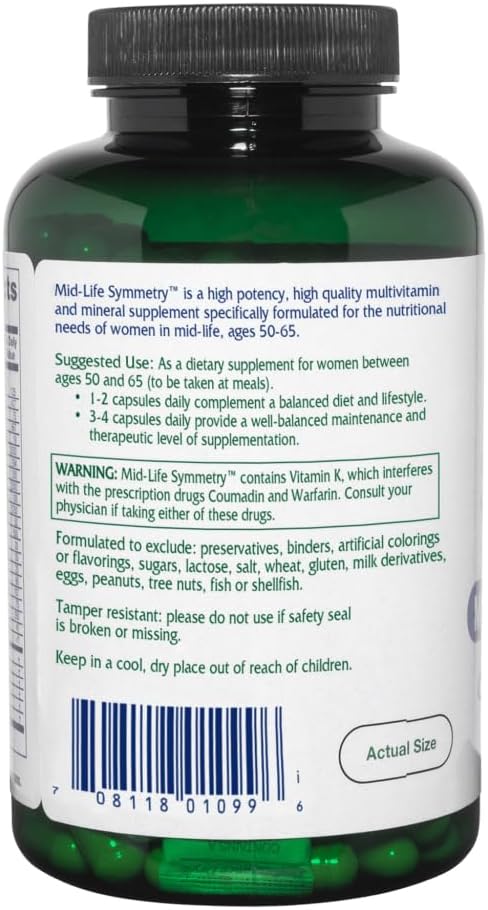 Vitanica - Mid-Life Symmetry, 50-65 High Potency Daily Multivitamin and Mineral, Vegan, 180 Capsules