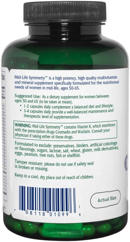 Vitanica - Mid-Life Symmetry, 50-65 High Potency Daily Multivitamin and Mineral, Vegan, 180 Capsules