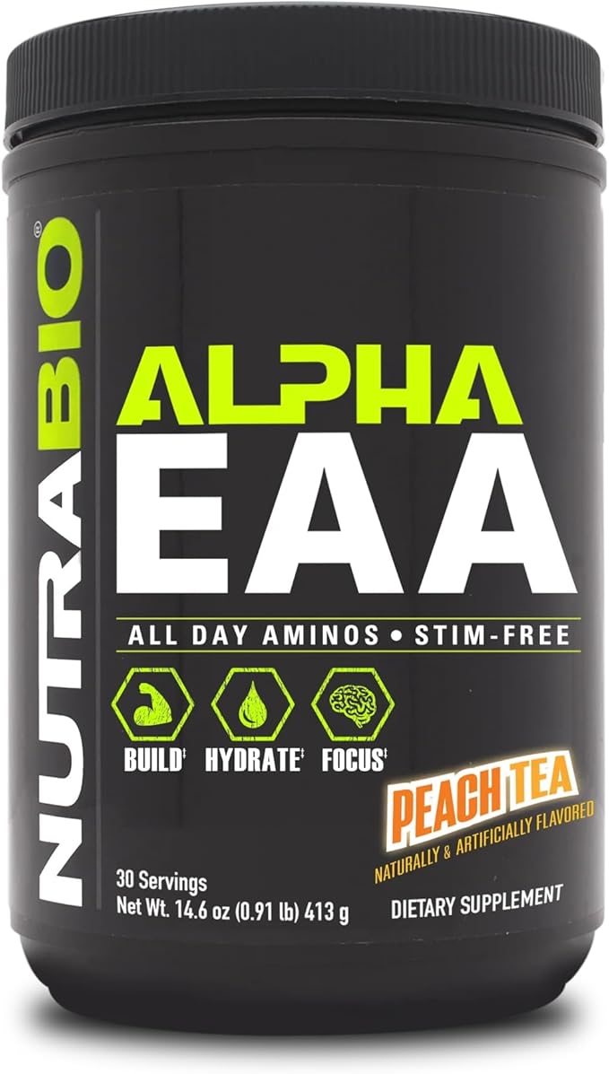 NutraBio Alpha EAA Hydration and Recovery Supplement - Full Spectrum EAA BCAA Matrix with Electrolytes, Nootropics, Coconut Water - Recovery, Energy, Focus, and Hydration Supplement - Peach Tea