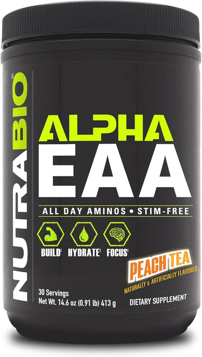 NutraBio Alpha EAA Hydration and Recovery Supplement - Full Spectrum EAA BCAA Matrix with Electrolytes, Nootropics, Coconut Water - Recovery, Energy, Focus, and Hydration Supplement - Peach Tea