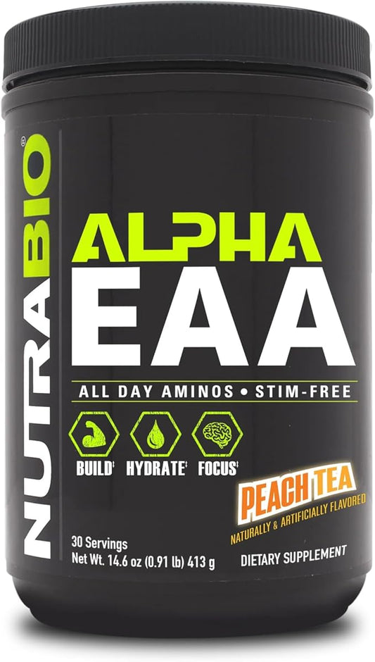 NutraBio Alpha EAA Hydration and Recovery Supplement - Full Spectrum EAA BCAA Matrix with Electrolytes, Nootropics, Coconut Water - Recovery, Energy, Focus, and Hydration Supplement - Peach Tea