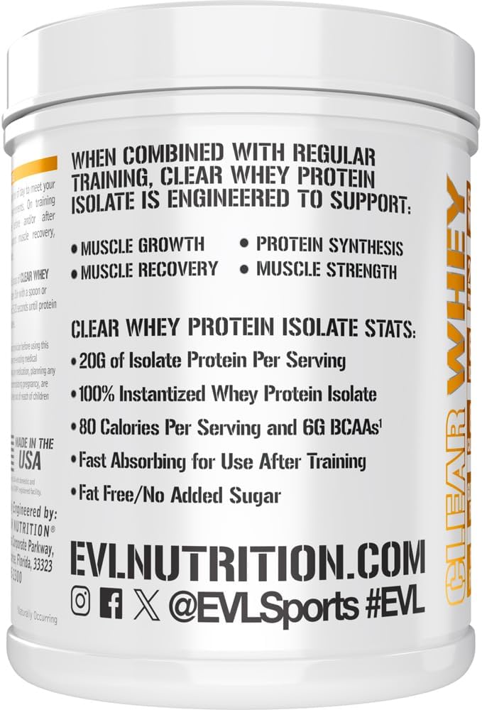 Evlution Nutrition Clear Whey - 100% Whey Protein Isolate - for Muscle Growth, Strength & Recovery - 20g Isolate Protein Per Serving - Fast Absorbing - Gluten & Fat Free - 1.1lb - Peach Mango