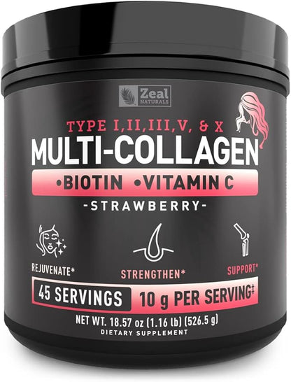 Premium Multi Collagen Peptides Protein Powder (1, 2, 3, 5 & 10) with Vitamin C, Biotin, Hyaluronic Acid, for Hair Skin and Nails - Marine, Bovine, Chicken & Eggshell (Strawberry, 45 Servings)