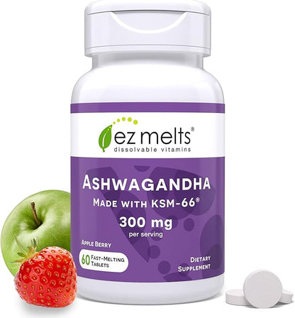 EZ Melts Dissolvable KSM-66 Ashwagandha®, 300 mg, Sugar-Free, Stress, Sleep and Mood Support Supplement, 30-Day Supply, Apple Berry-Flavor