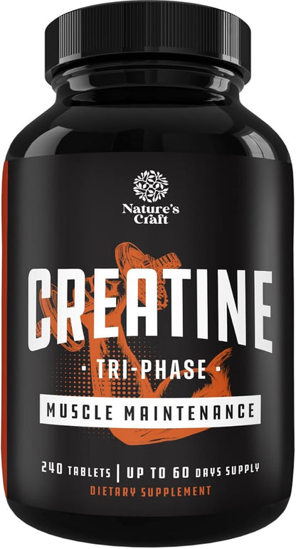 High Strength Tri Phase Creatine Pills - Muscle Mass Gainer and Muscle Recovery Creatine HCL Pyruvate and Creatine Monohydrate Pills-Optimal Muscle Builder Creatine Supplement for Men and Women-240ct