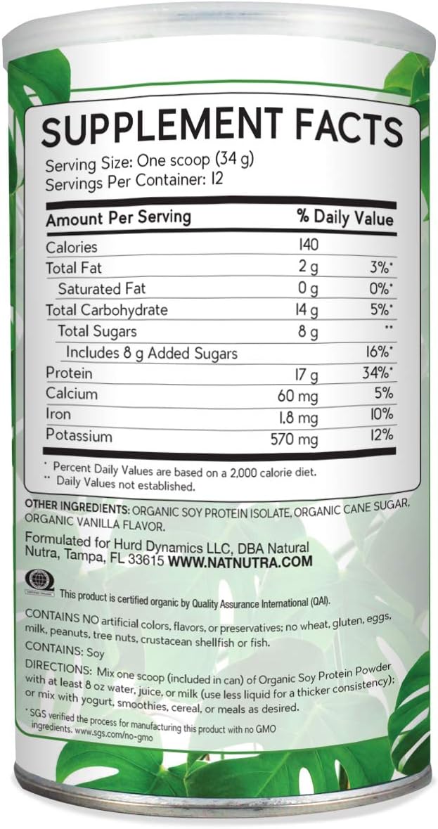 Natural Nutra Organic Vegan Plant Based Soy Protein Source Powder, Supports Bone and Improves Cardiovascular Health, Gluten Free, Non GMO, Sugar-Free 14.4 OZ.
