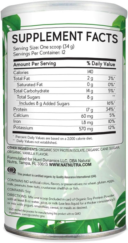 Natural Nutra Organic Vegan Plant Based Soy Protein Source Powder, Supports Bone and Improves Cardiovascular Health, Gluten Free, Non GMO, Sugar-Free 14.4 OZ.