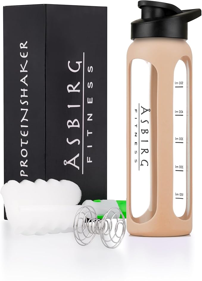 Fitness | Glass Protein Shaker | Protein Shaker | Drinking Bottle | with Spiral Ball | Beige