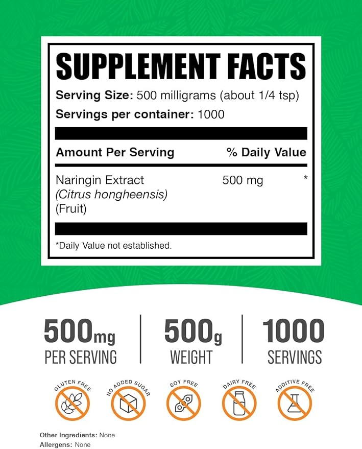 BulkSupplements.com Naringin Extract Powder - Sourced from Citrus Fruit, Naringin Supplement - Herbal Supplement, Gluten Free, 500mg per Serving, 500g (1.1 lbs) (Pack of 1)