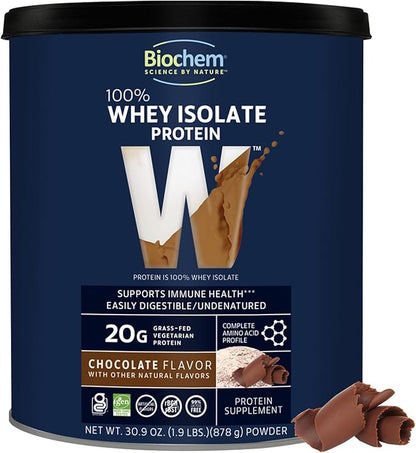Biochem 100% Whey Isolate Protein - Chocolate Flavor - 30.9 Ounce - Supports Immune Health - Easily Digestible - Refreshing Taste - 20g Vegetarian Protein - Amino Acids…