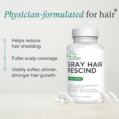 Gray Hair Rescind with Catalase - Antiaging Hair, Skin and Nails Vitamins, Pantothenic Acid, Folic Acid 400mcg, Biotin 300mcg, Saw Palmetto for Men and Women