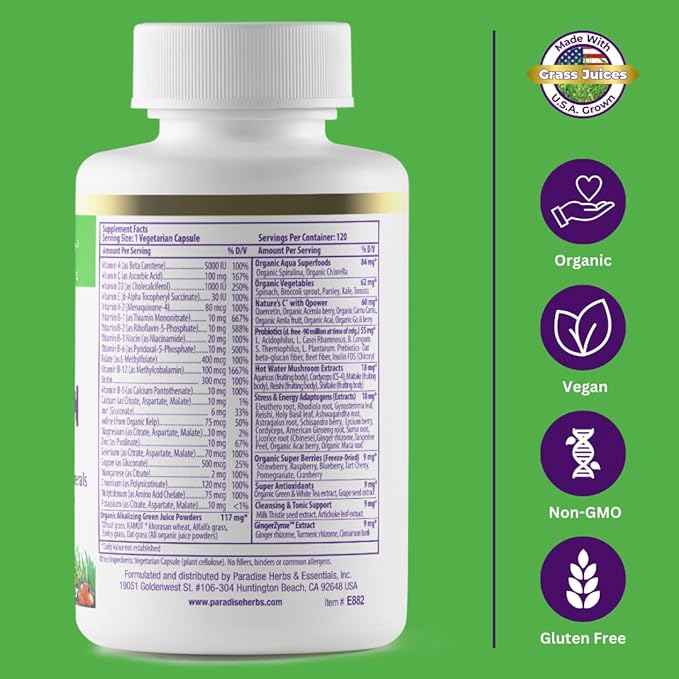 Paradise Herbs Earth's Blend Women's Once Daily Multivitamin with Iron, 48 Organic Superfoods, Probiotics, Antioxidants, Vitamins A, B12, C, D, K2, 120 Capsules