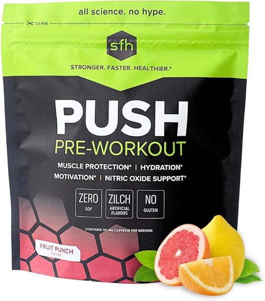 SFH Push Pre-Workout Powder (Fruit Punch) BCAAs for Muscle Repair | Electrolytes | Non-Dairy, No Artificial Flavors, Colors, Sugar, Soy, Gluten, or GMOs (Bag)