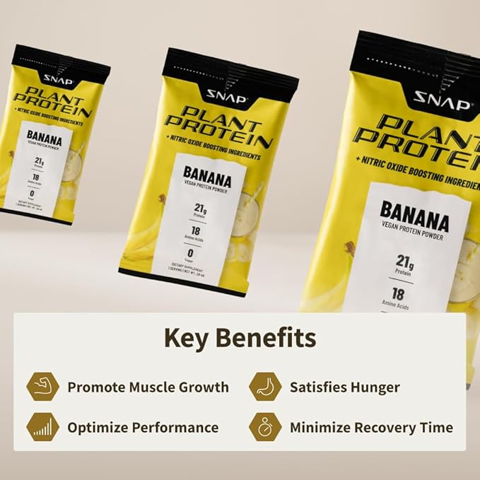 Snap Supplements 100% Plant Based Protein Powder Stick Packs with Nitric Oxide Booster (10 Pack, Banana)