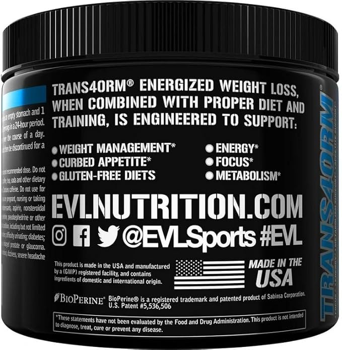 Evlution Thermogenic Fat Burning Support Powder Nutrition Trans4orm Fast Acting Energy Powder to Support Fast Metabolism Weight Loss and Mental Focus with CLA Carnitine and Alpha GPC - Blue Raz